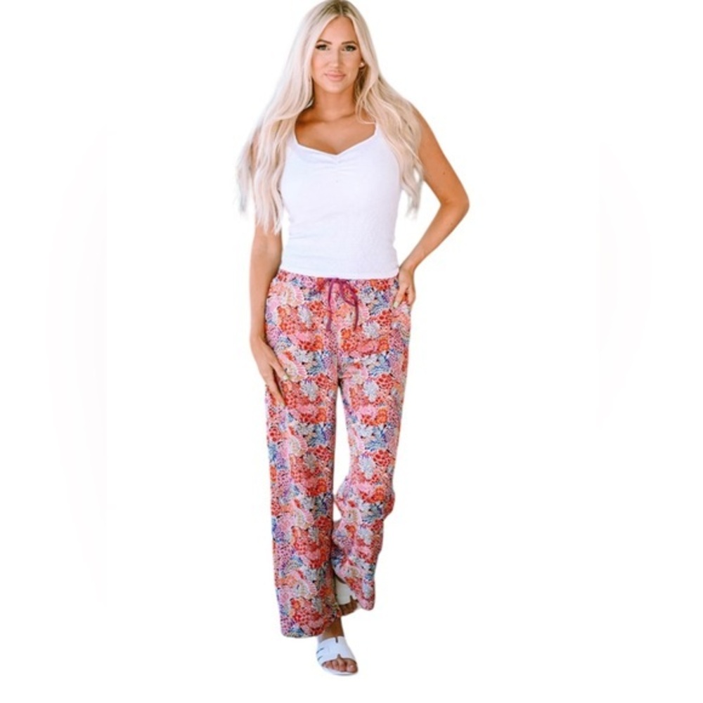 NWT Women’s Floral Printed Tie Waist Wide Leg Long Pants Pockets 2X